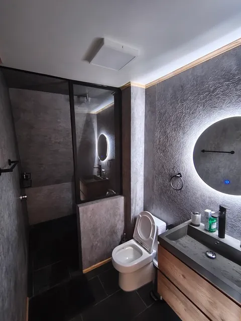 The downstairs bathroom, with a shower