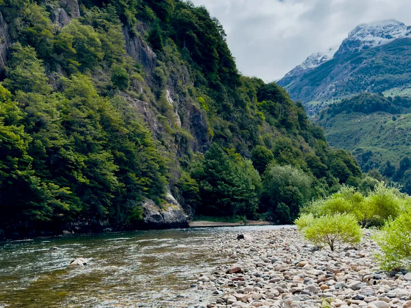 A clear Patagonian river below forested cliffs, a snow-capped peak beyond